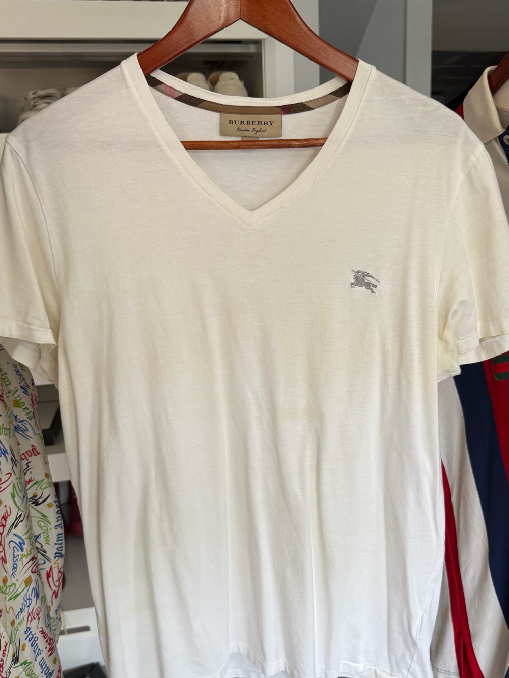 Burberry Men's Cream V-Neck Short Sleeve Logo Tee